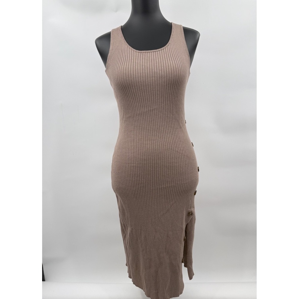 Hippie Rose Mauve Ribbed Knit Midi Dress Side Button Slit Sleeveless Size M